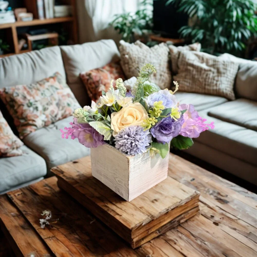 Faux Floral Arrangement in Rustic Wooden Box – Home or Office Decor